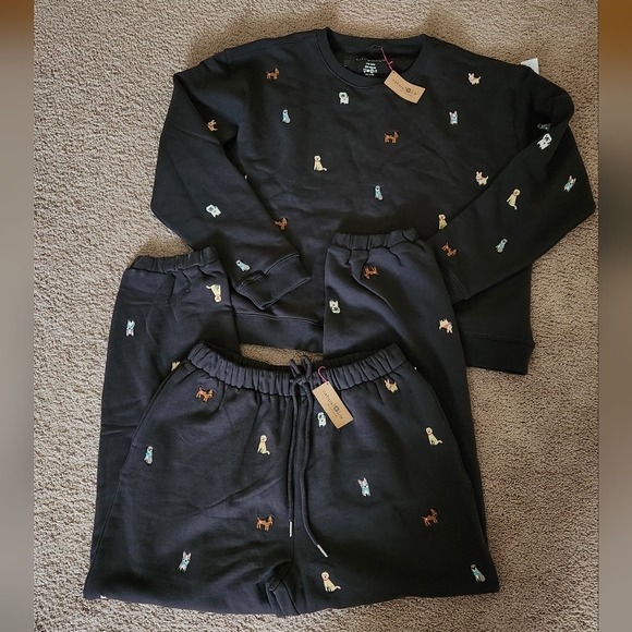 NWT NATURAL LIFE Black Dog Fave Little Things Embroidered Fleece Lounge SET L - Picture 2 of 6